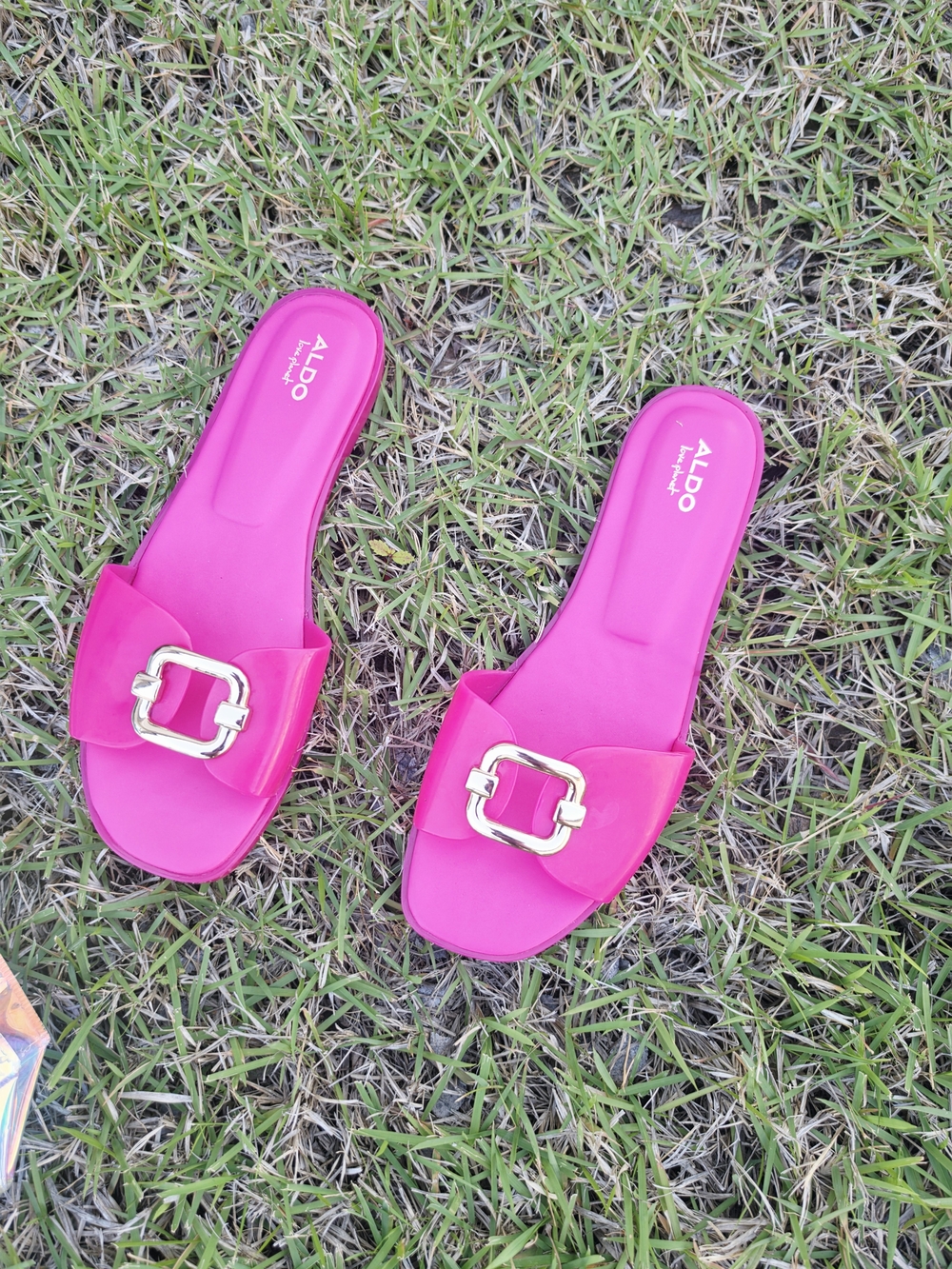 ALDO Hot Pink Slide Sandals with Gold Buckle
